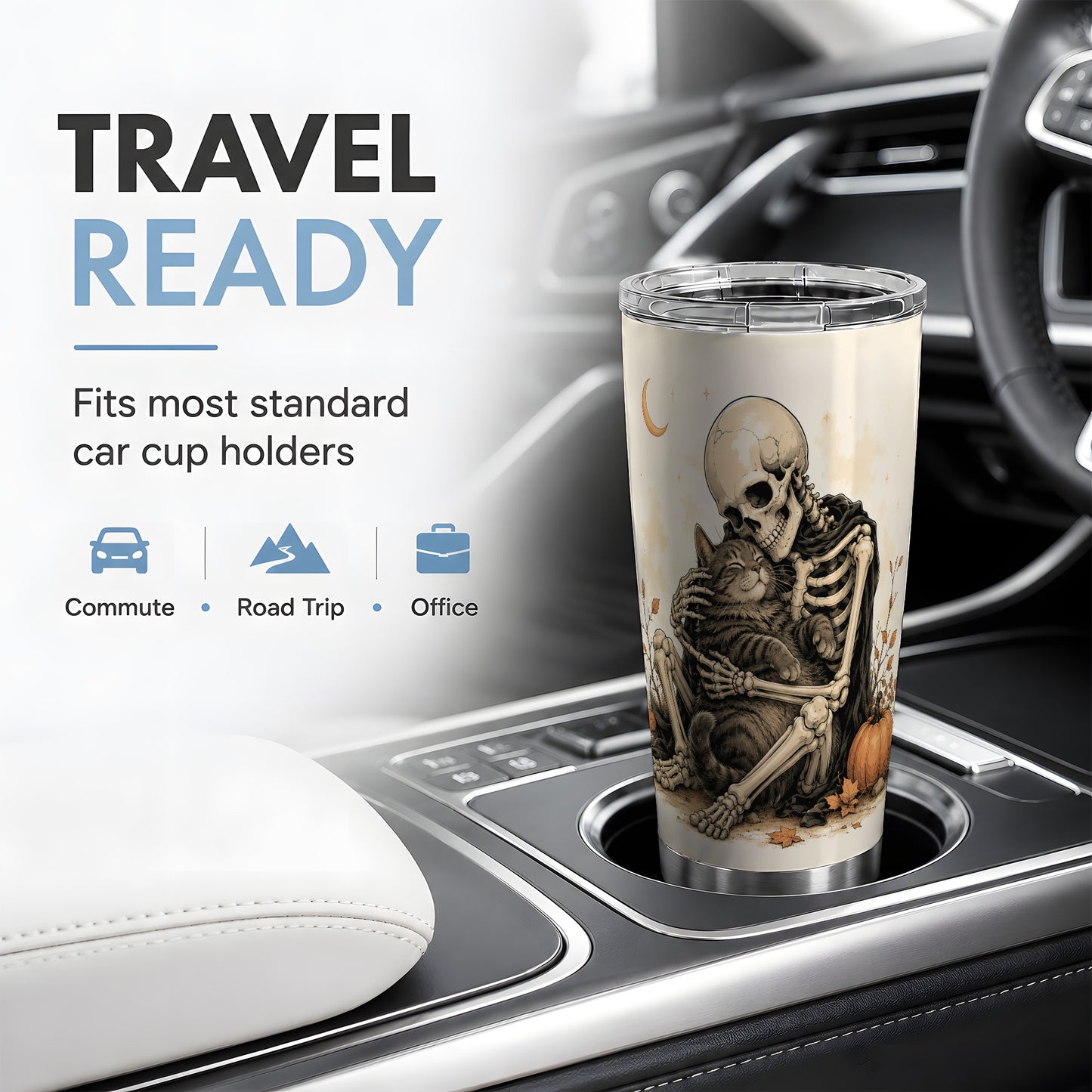 #pl[20oz|Steel] Skeleton Cat Hug 20oz Tumbler, Crescent Moon Pumpkin Artwork