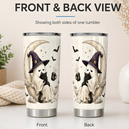 #pl[20oz|Steel] Ghost Witch Cat 20oz Tumbler, Crescent Moon Halloween Artwork