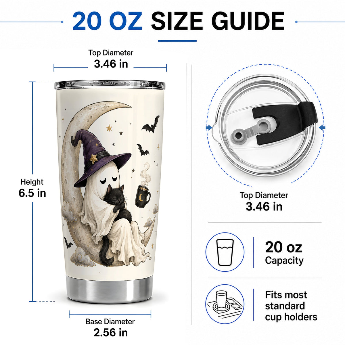 #pl[20oz|Steel] Ghost Witch Cat 20oz Tumbler, Crescent Moon Halloween Artwork