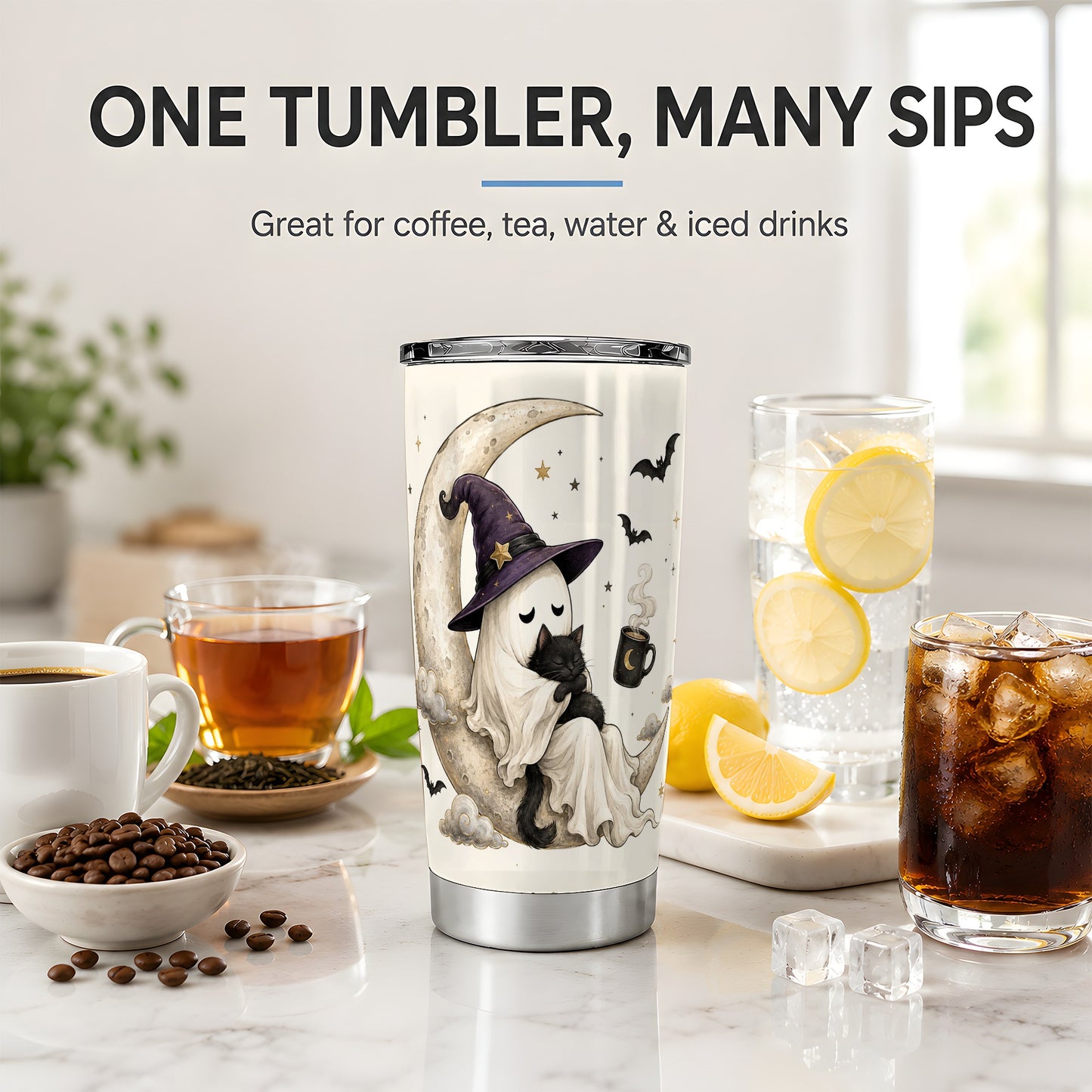 #pl[20oz|Steel] Ghost Witch Cat 20oz Tumbler, Crescent Moon Halloween Artwork