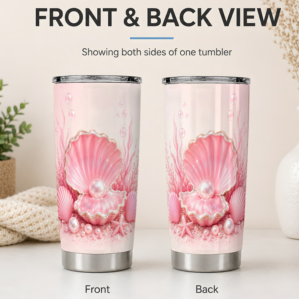#pl[20oz|Steel] Pink Pearl Seashell 20oz Tumbler, Ocean Shell Underwater Artwork