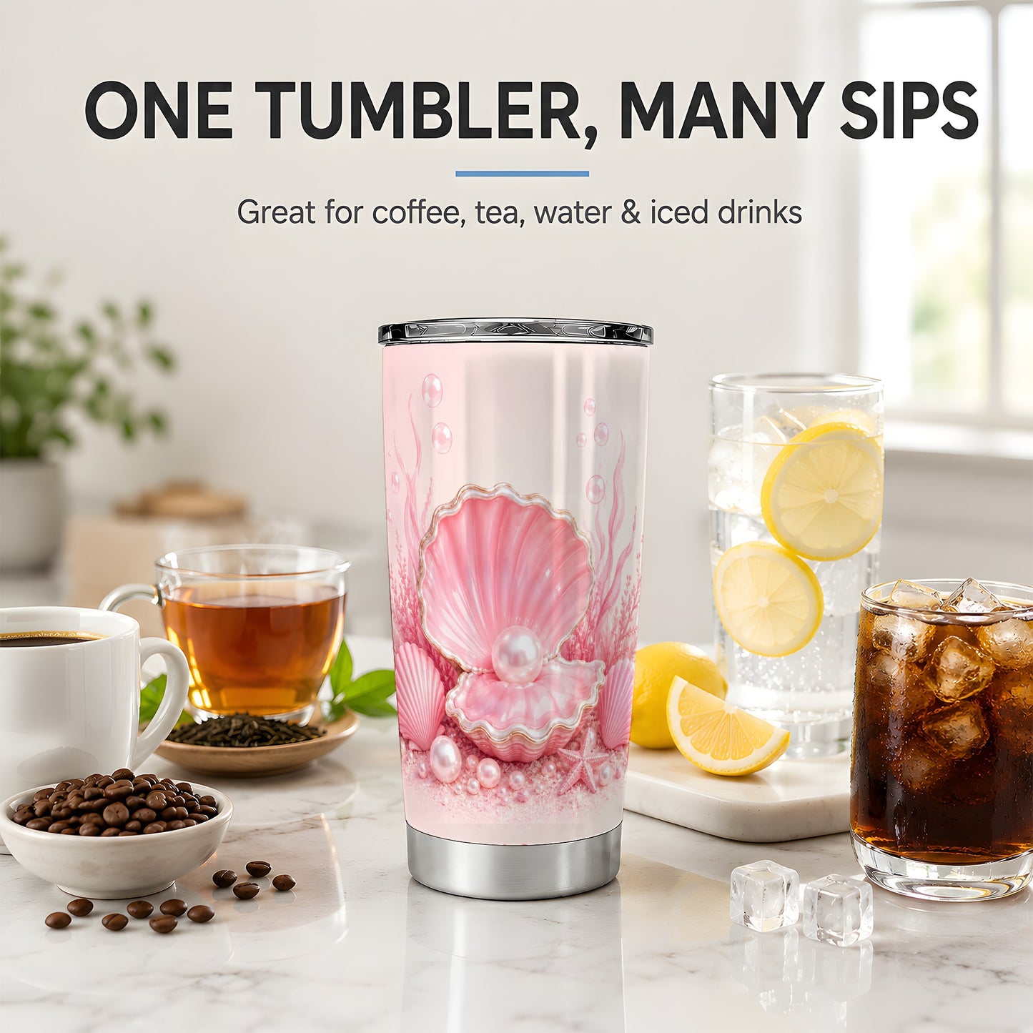 #pl[20oz|Steel] Pink Pearl Seashell 20oz Tumbler, Ocean Shell Underwater Artwork