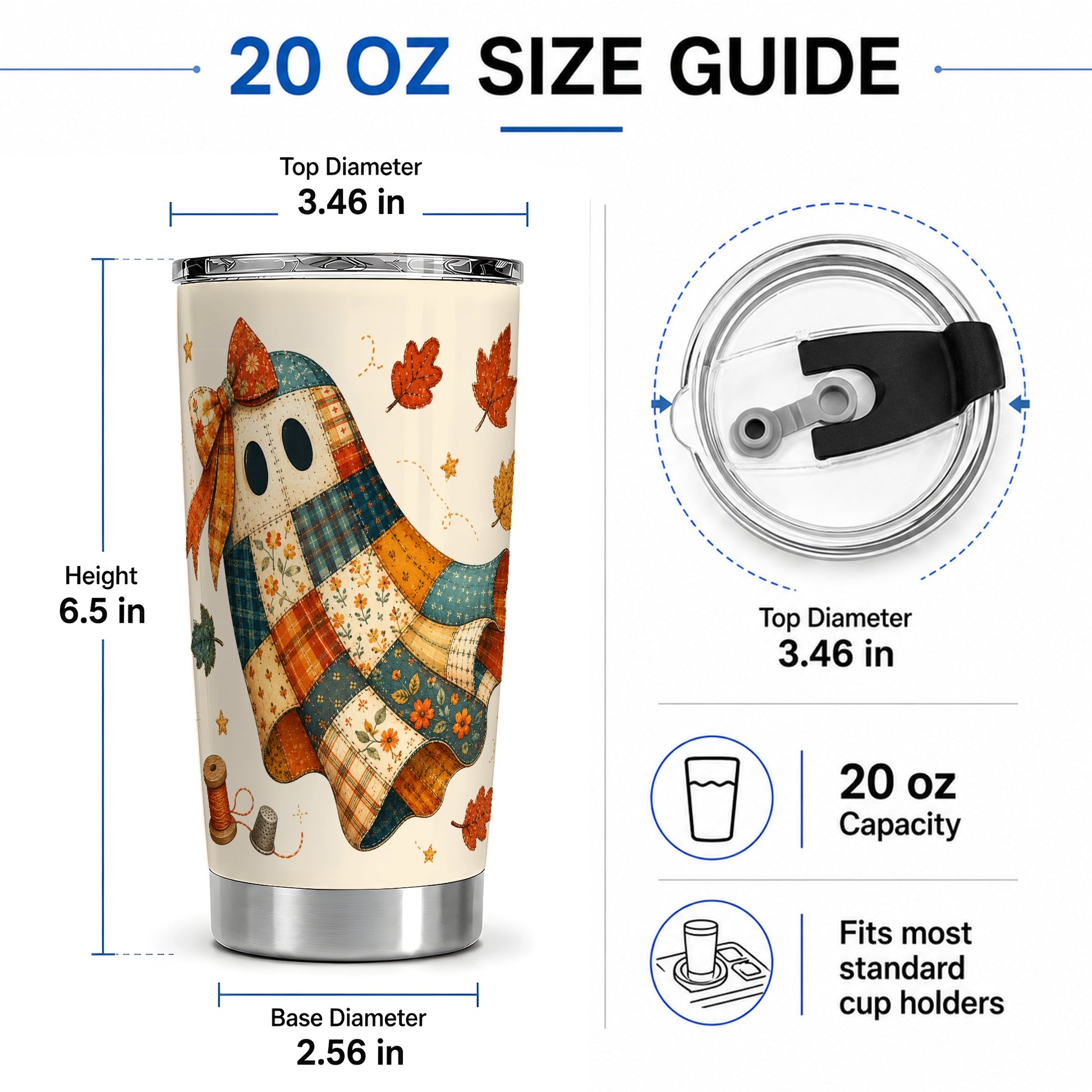#pl[20oz|Steel] Patchwork Ghost 20oz Tumbler, Autumn Quilt Sewing Artwork