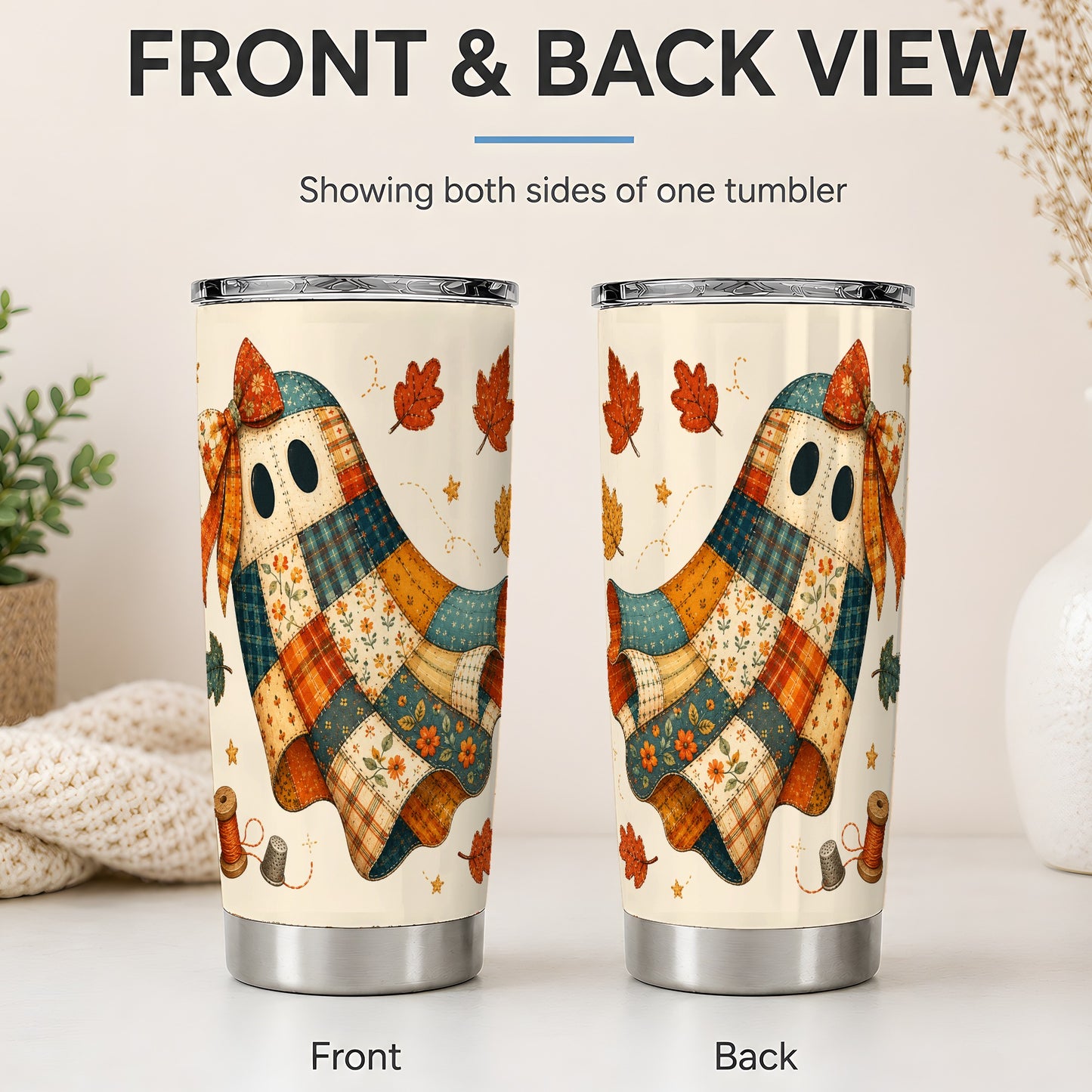 #pl[20oz|Steel] Patchwork Ghost 20oz Tumbler, Autumn Quilt Sewing Artwork