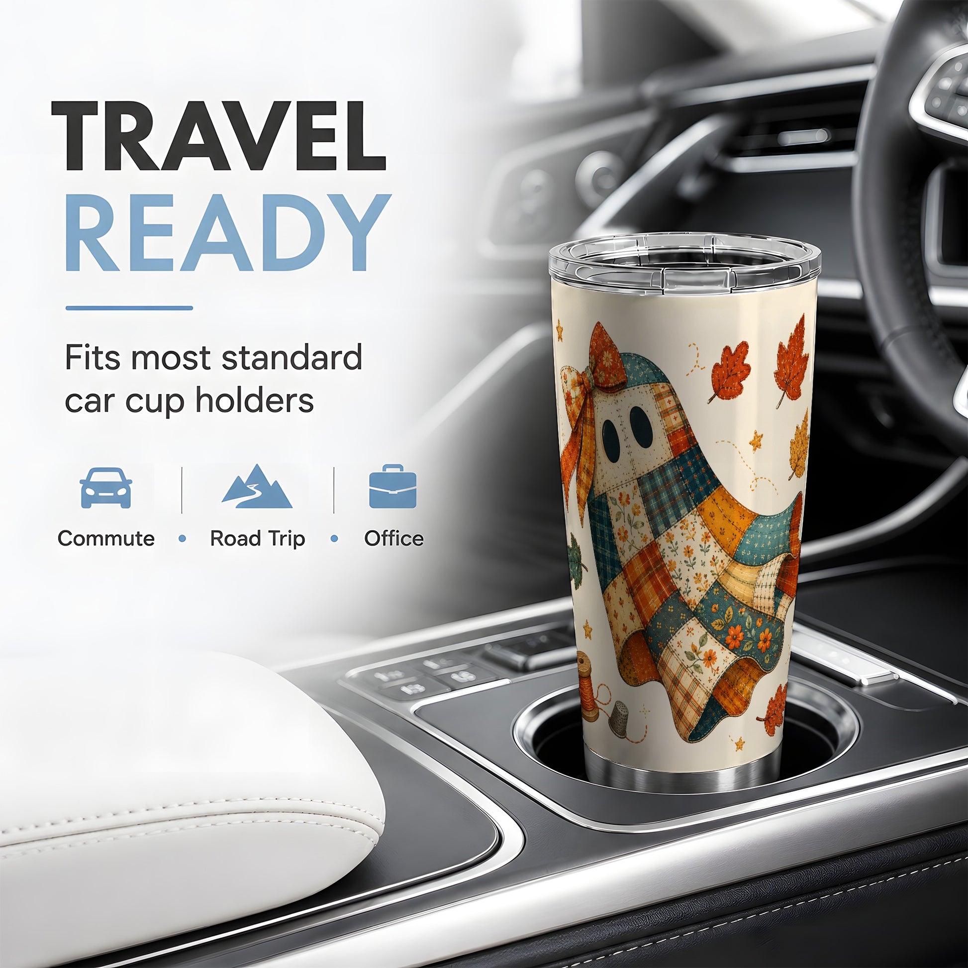 #pl[20oz|Steel] Patchwork Ghost 20oz Tumbler, Autumn Quilt Sewing Artwork