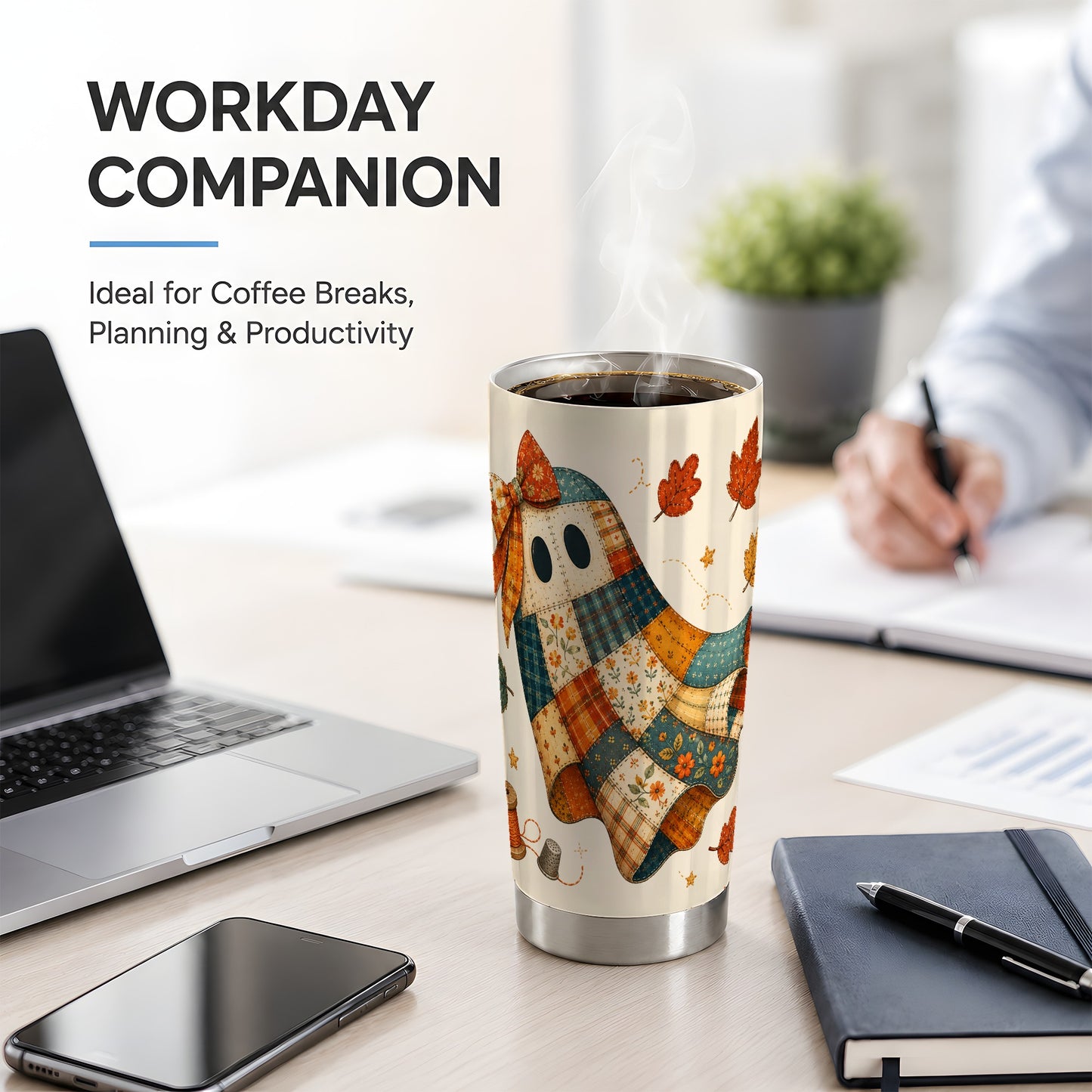 #pl[20oz|Steel] Patchwork Ghost 20oz Tumbler, Autumn Quilt Sewing Artwork