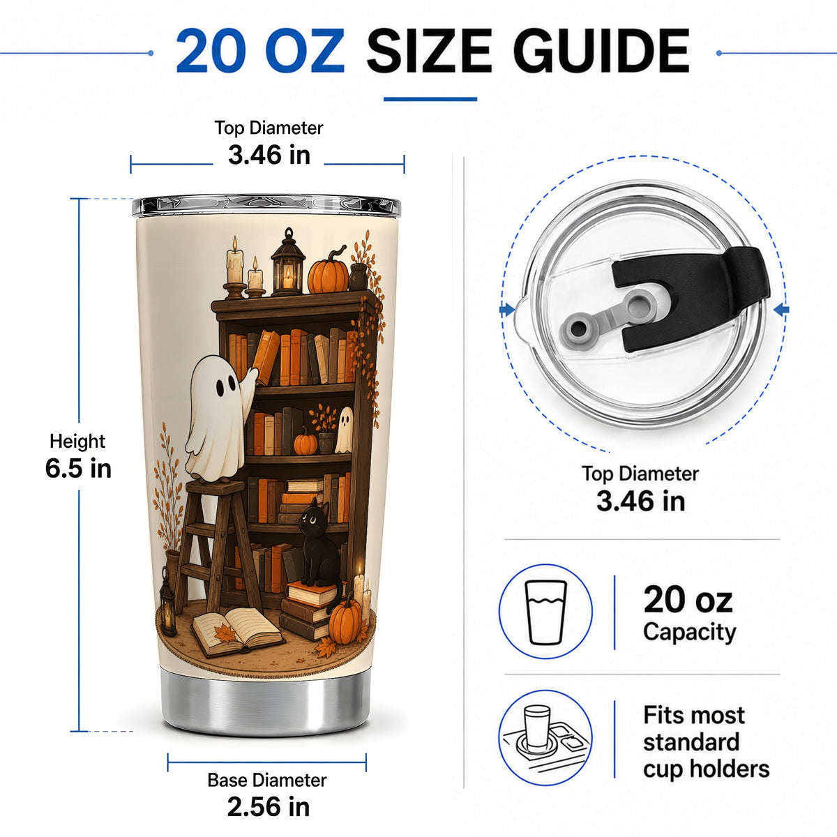 #pl[20oz|Steel] Cozy Library Ghost 20oz Tumbler, Autumn Books Black Cat Artwork