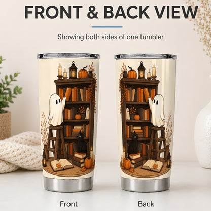 #pl[20oz|Steel] Cozy Library Ghost 20oz Tumbler, Autumn Books Black Cat Artwork