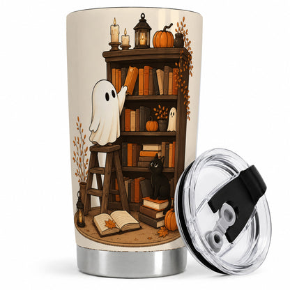 Cozy Library Ghost 20oz Tumbler, Autumn Books Black Cat Artwork