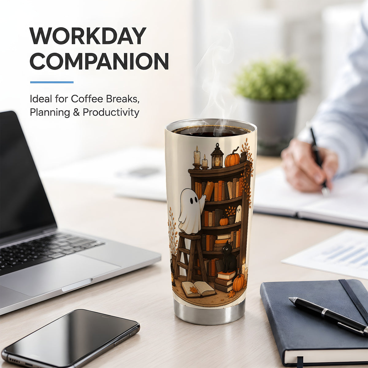 #pl[20oz|Steel] Cozy Library Ghost 20oz Tumbler, Autumn Books Black Cat Artwork
