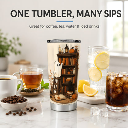 #pl[20oz|Steel] Cozy Library Ghost 20oz Tumbler, Autumn Books Black Cat Artwork