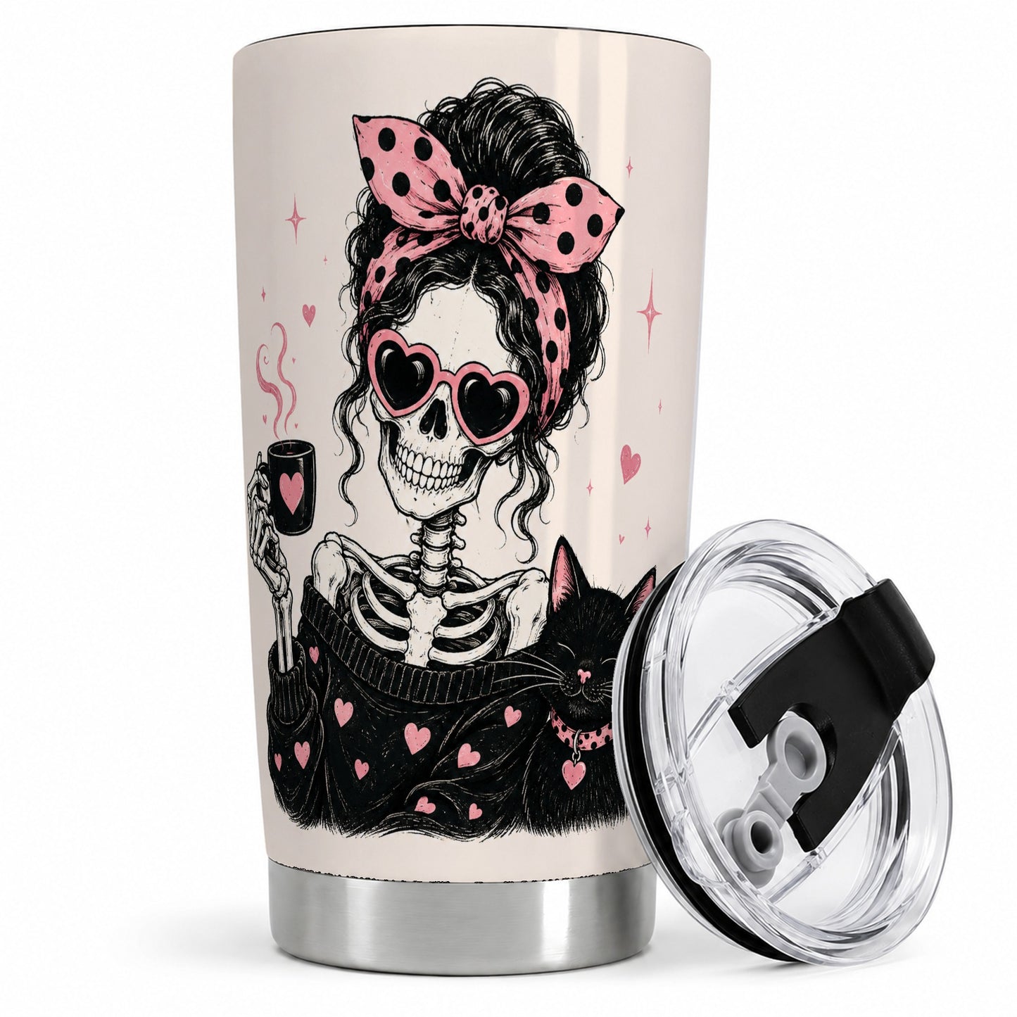 Pink Skeleton Cat 20oz Tumbler, Heart Glasses Coffee Artwork