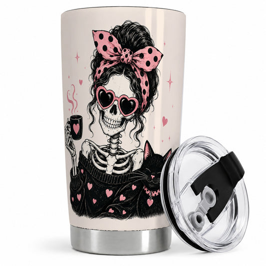 Pink Skeleton Cat 20oz Tumbler, Heart Glasses Coffee Artwork
