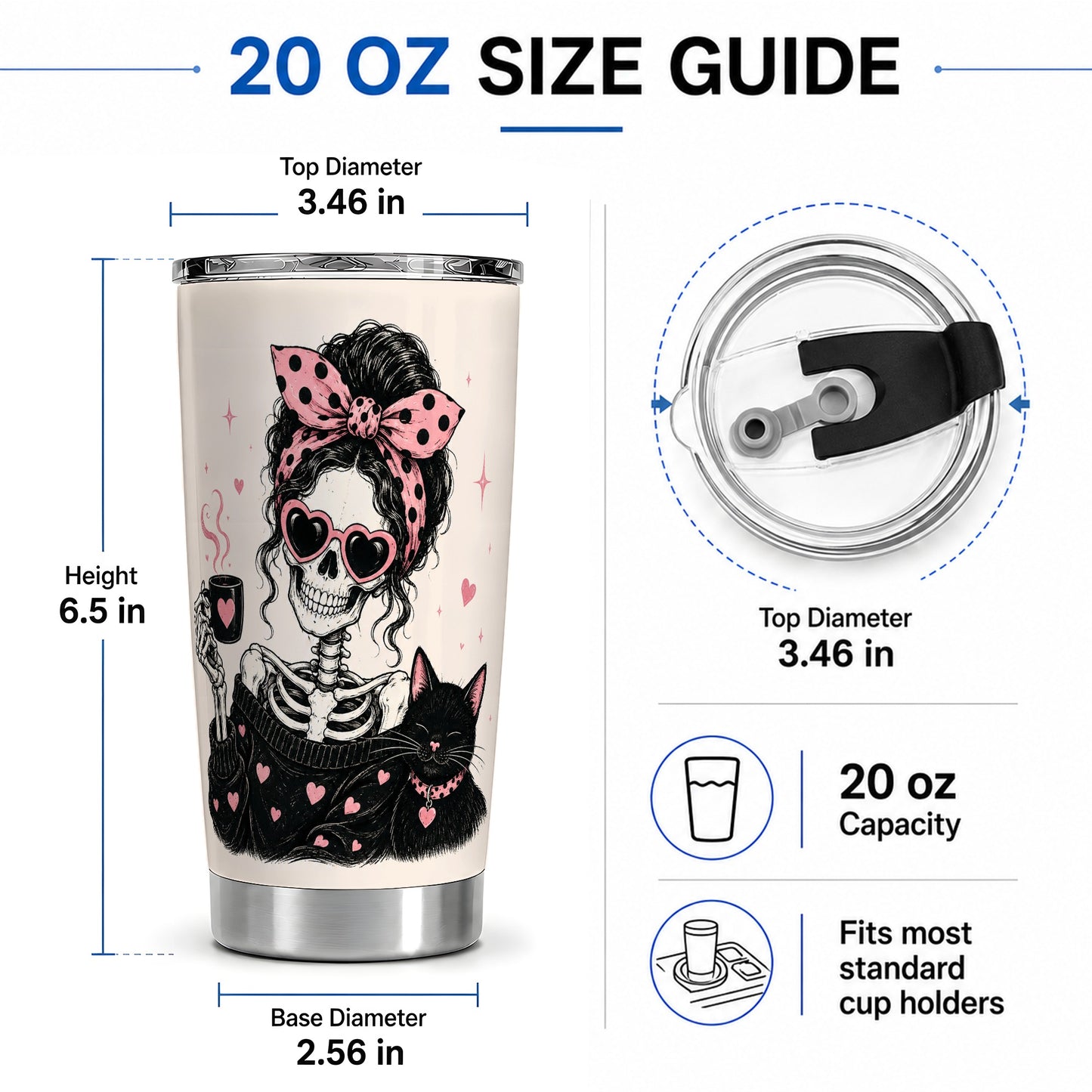 #pl[20oz|Steel] Pink Skeleton Cat 20oz Tumbler, Heart Glasses Coffee Artwork