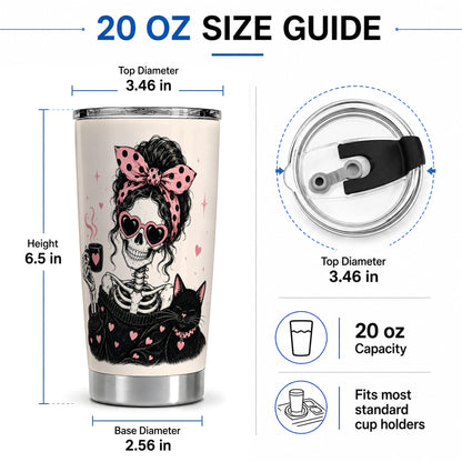 #pl[20oz|Steel] Pink Skeleton Cat 20oz Tumbler, Heart Glasses Coffee Artwork
