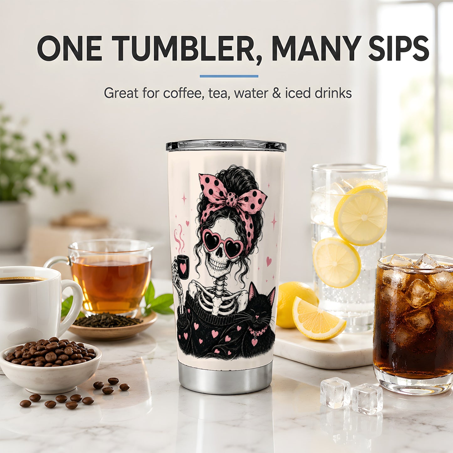 #pl[20oz|Steel] Pink Skeleton Cat 20oz Tumbler, Heart Glasses Coffee Artwork