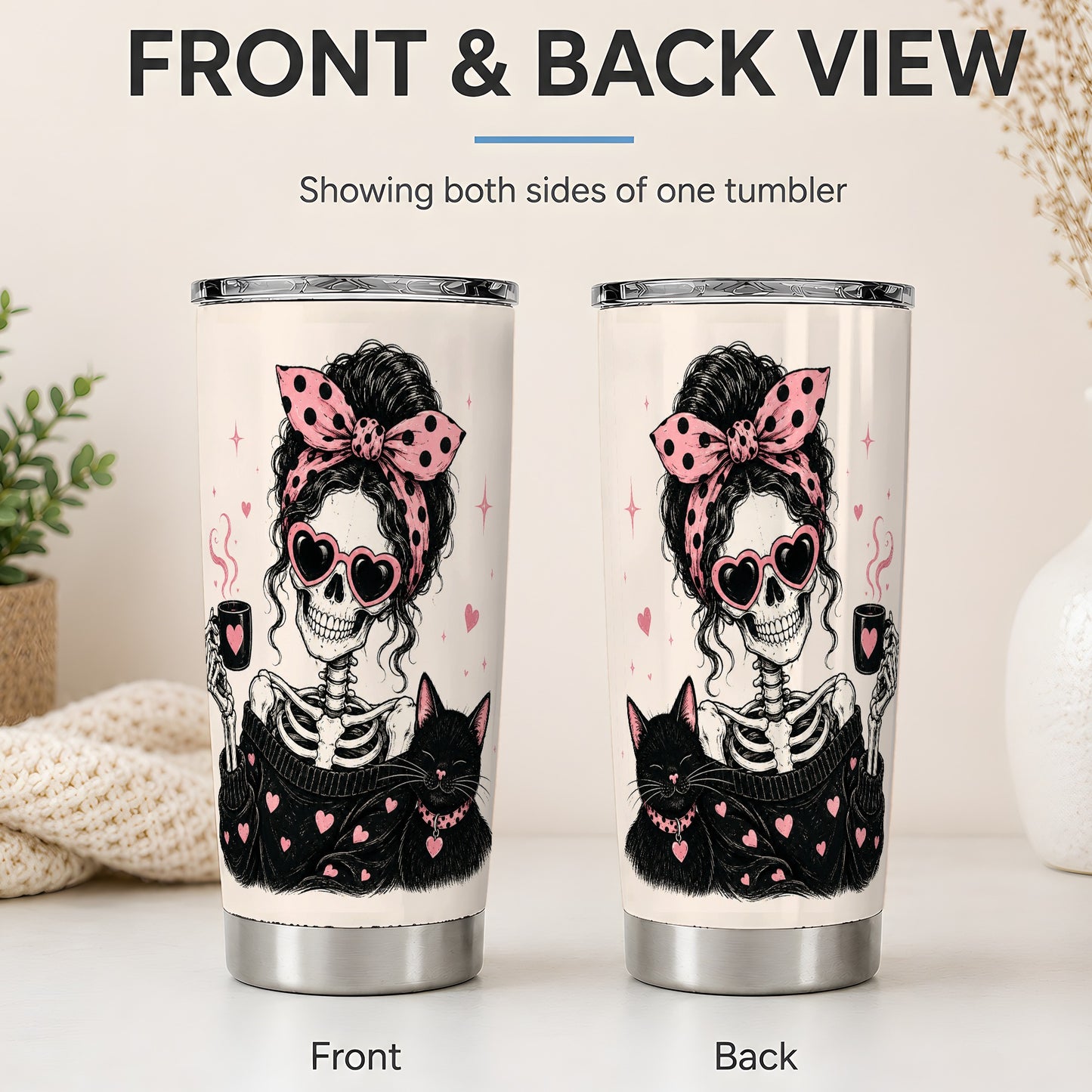 #pl[20oz|Steel] Pink Skeleton Cat 20oz Tumbler, Heart Glasses Coffee Artwork