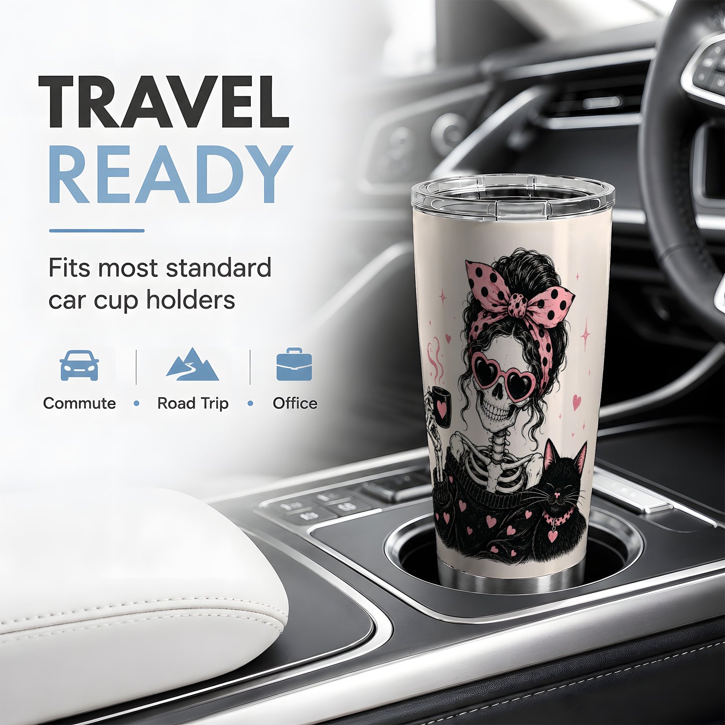 #pl[20oz|Steel] Pink Skeleton Cat 20oz Tumbler, Heart Glasses Coffee Artwork