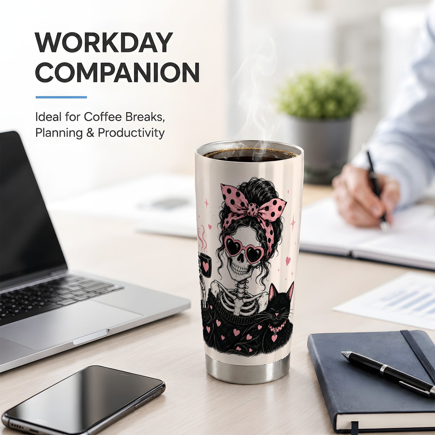 #pl[20oz|Steel] Pink Skeleton Cat 20oz Tumbler, Heart Glasses Coffee Artwork
