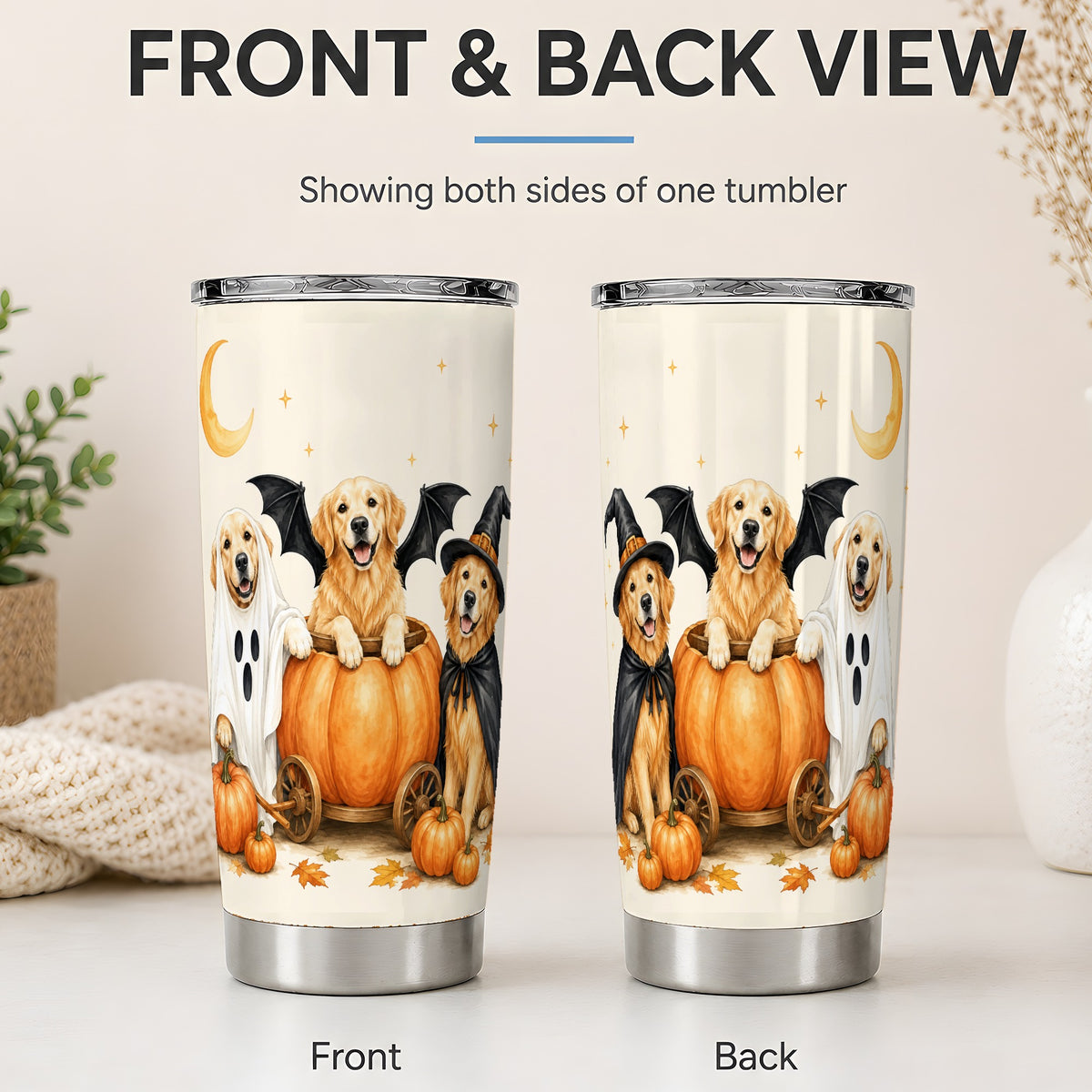 #pl[20oz|Steel] Halloween Golden Retriever 20oz Tumbler, Costume Pumpkin Artwork