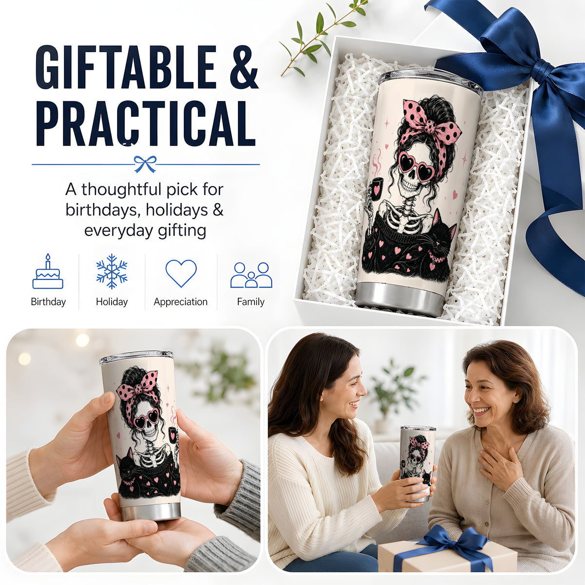 #pl[20oz|Steel] Pink Skeleton Cat 20oz Tumbler, Heart Glasses Coffee Artwork