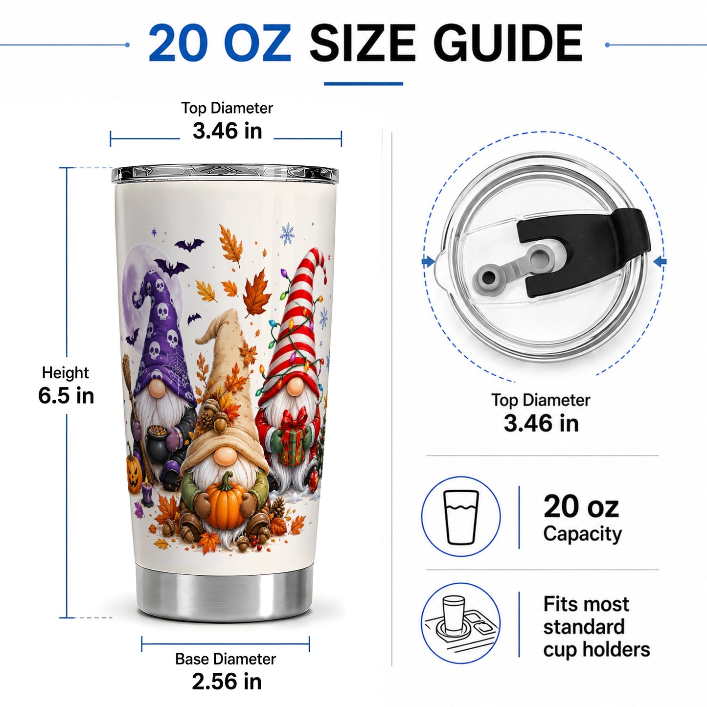 #pl[20oz|Steel] Seasonal Gnome Trio 20oz Tumbler, Pumpkin Leaves Festive Artwork