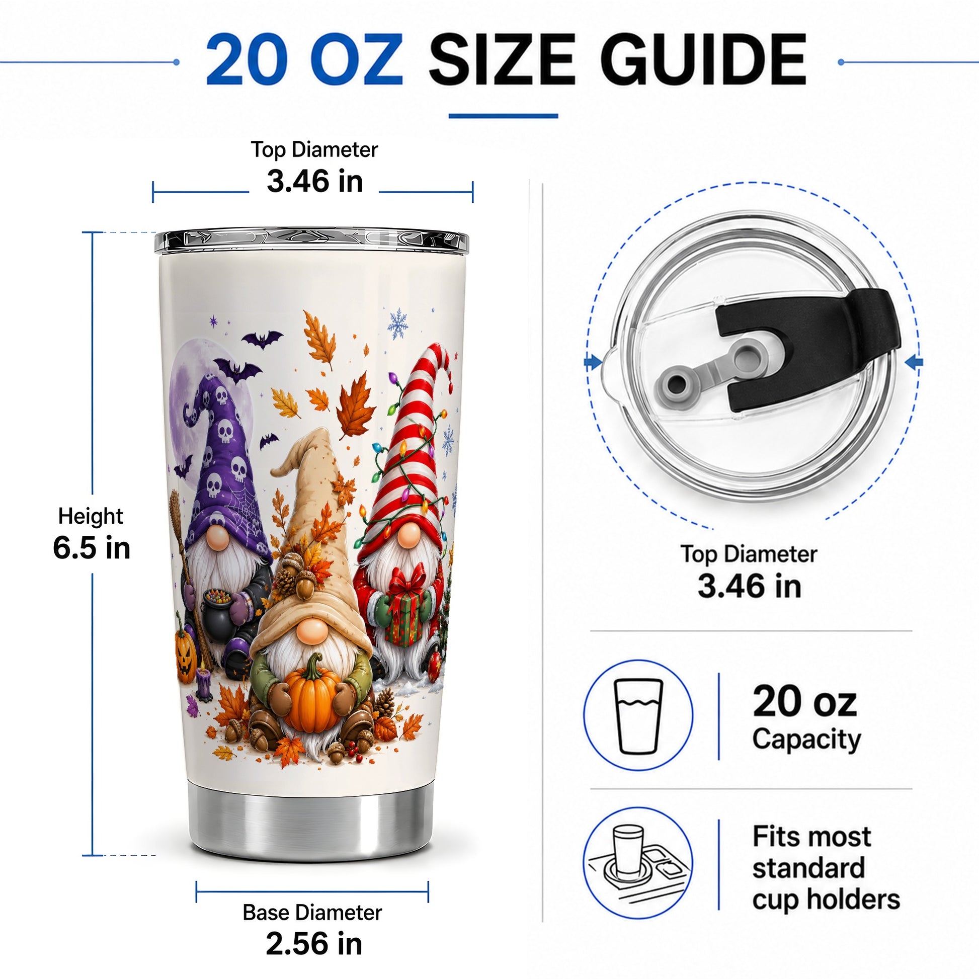 #pl[20oz|Steel] Seasonal Gnome Trio 20oz Tumbler, Pumpkin Leaves Festive Artwork