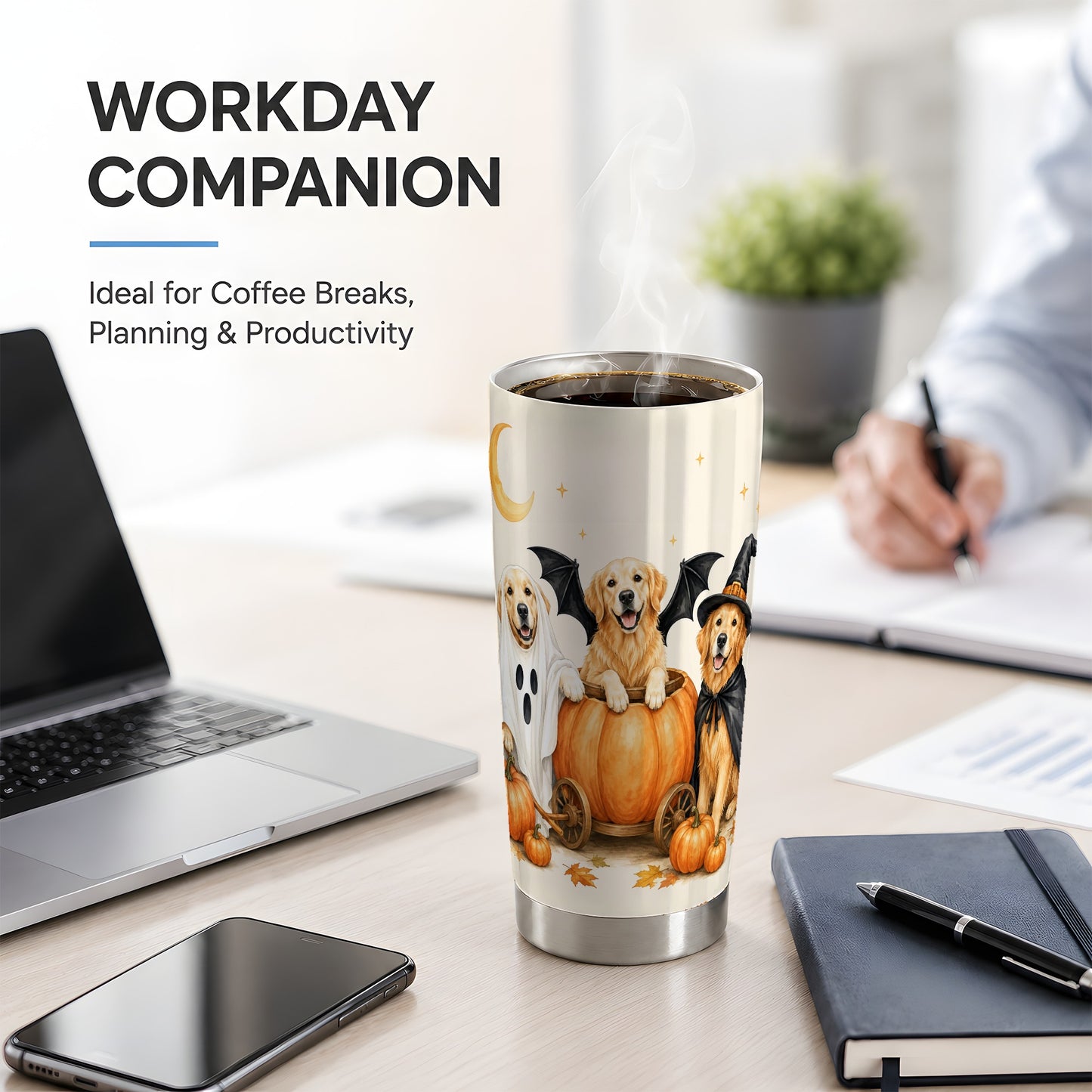 #pl[20oz|Steel] Halloween Golden Retriever 20oz Tumbler, Costume Pumpkin Artwork