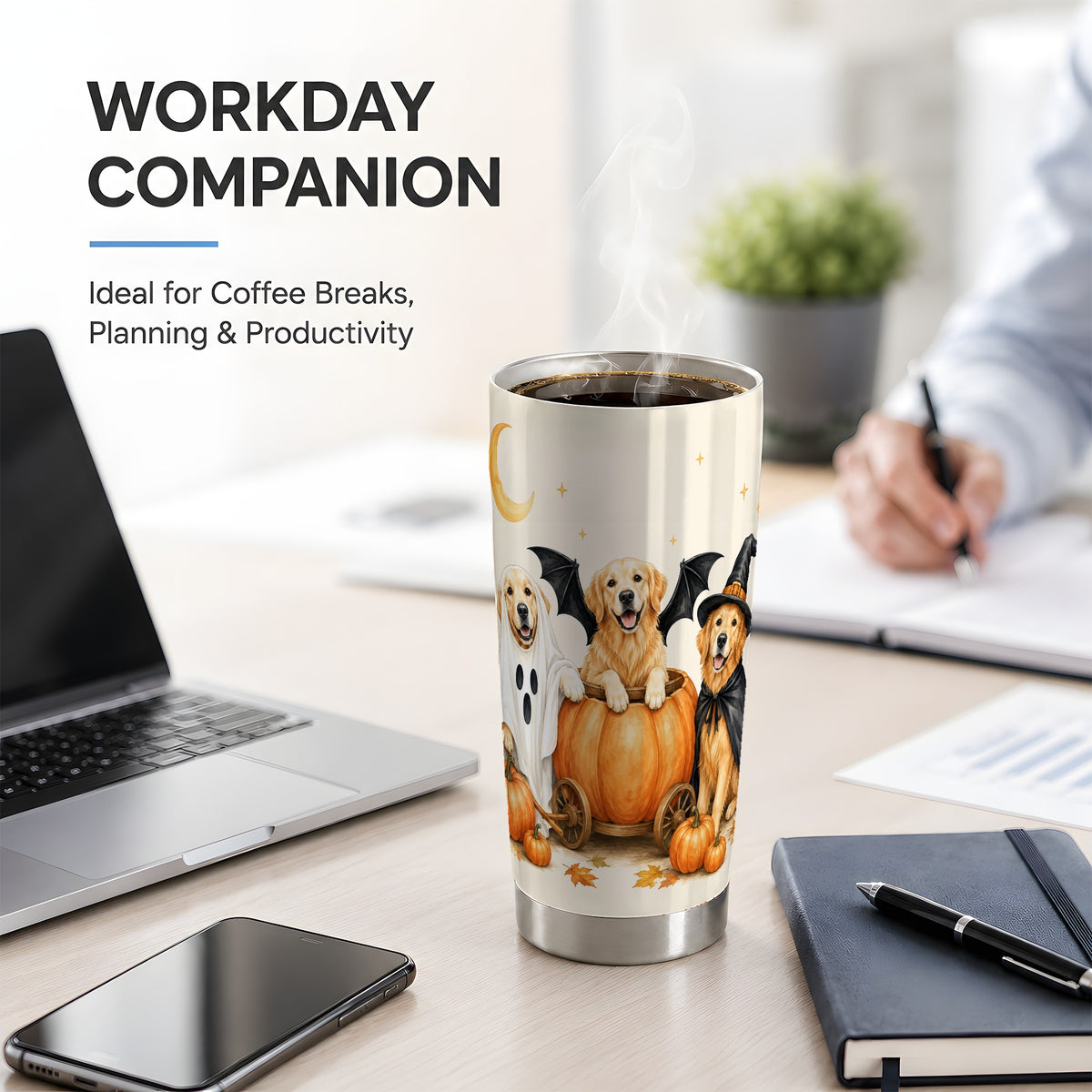 #pl[20oz|Steel] Halloween Golden Retriever 20oz Tumbler, Costume Pumpkin Artwork