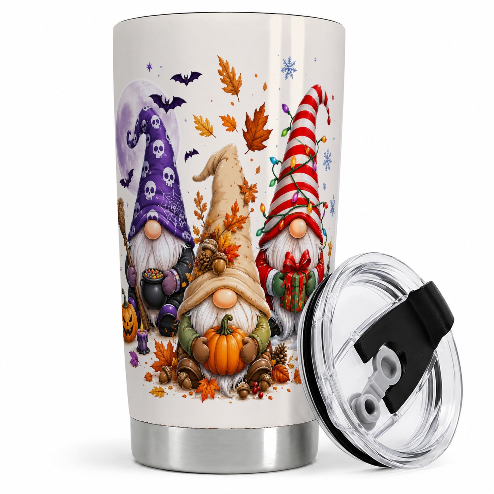 Seasonal Gnome Trio 20oz Tumbler, Pumpkin Leaves Festive Artwork