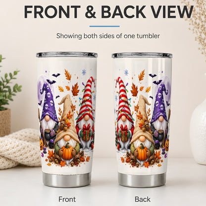 #pl[20oz|Steel] Seasonal Gnome Trio 20oz Tumbler, Pumpkin Leaves Festive Artwork