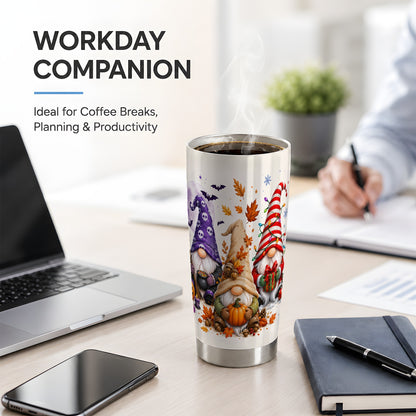 #pl[20oz|Steel] Seasonal Gnome Trio 20oz Tumbler, Pumpkin Leaves Festive Artwork