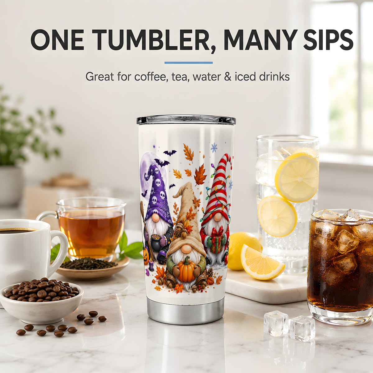 #pl[20oz|Steel] Seasonal Gnome Trio 20oz Tumbler, Pumpkin Leaves Festive Artwork