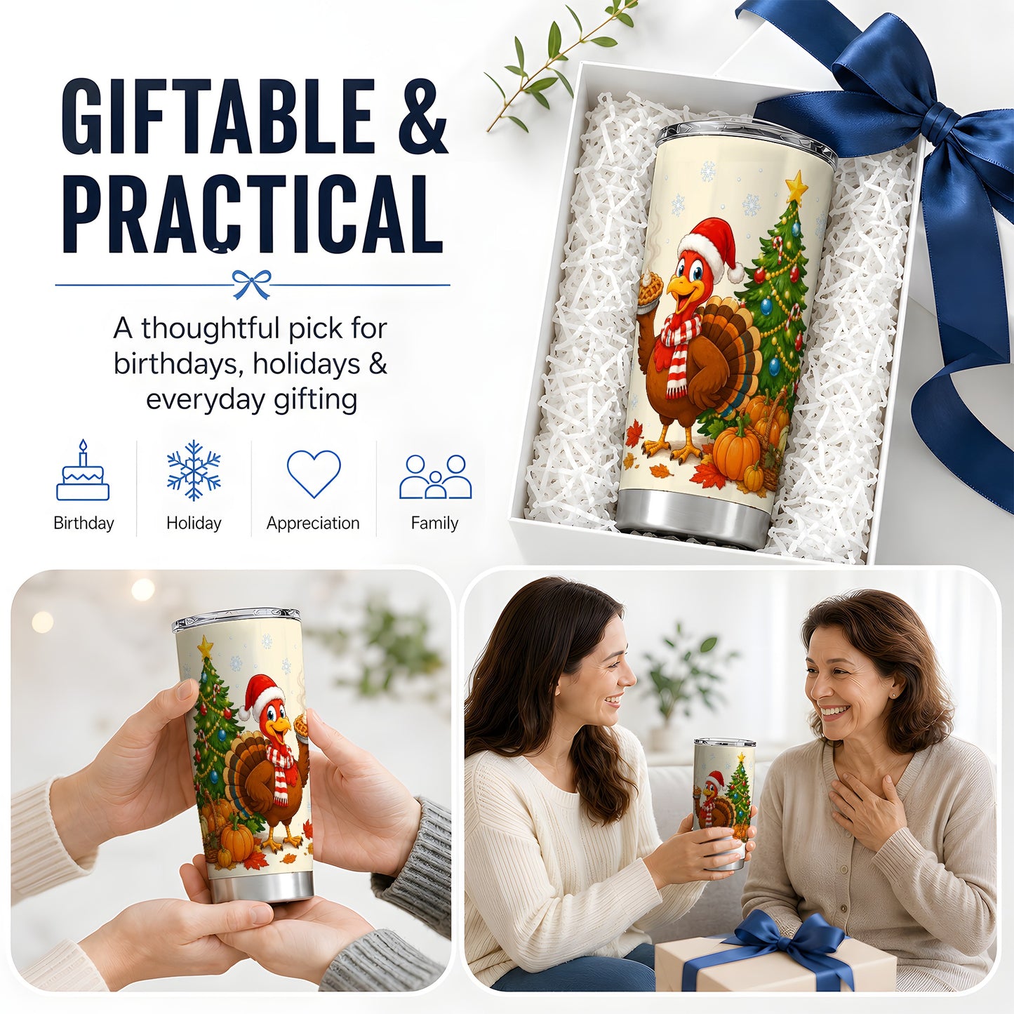 #pl[20oz|Steel] Christmas Turkey 20oz Tumbler, Festive Fall Winter Seasonal Artwork
