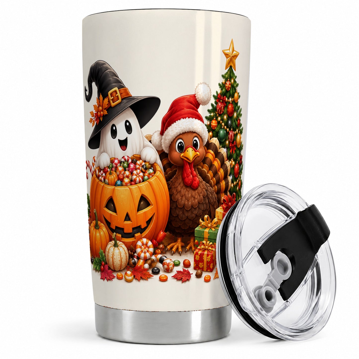 Holiday Ghost Turkey 20oz Tumbler, Halloween Christmas Seasonal Artwork