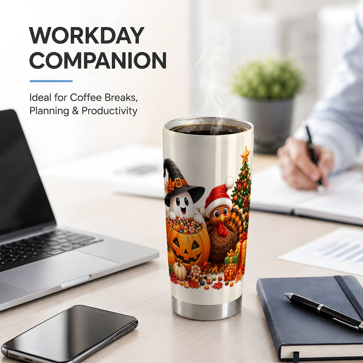 #pl[20oz|Steel] Holiday Ghost Turkey 20oz Tumbler, Halloween Christmas Seasonal Artwork