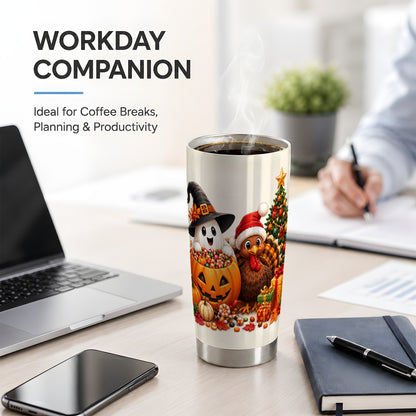 #pl[20oz|Steel] Holiday Ghost Turkey 20oz Tumbler, Halloween Christmas Seasonal Artwork