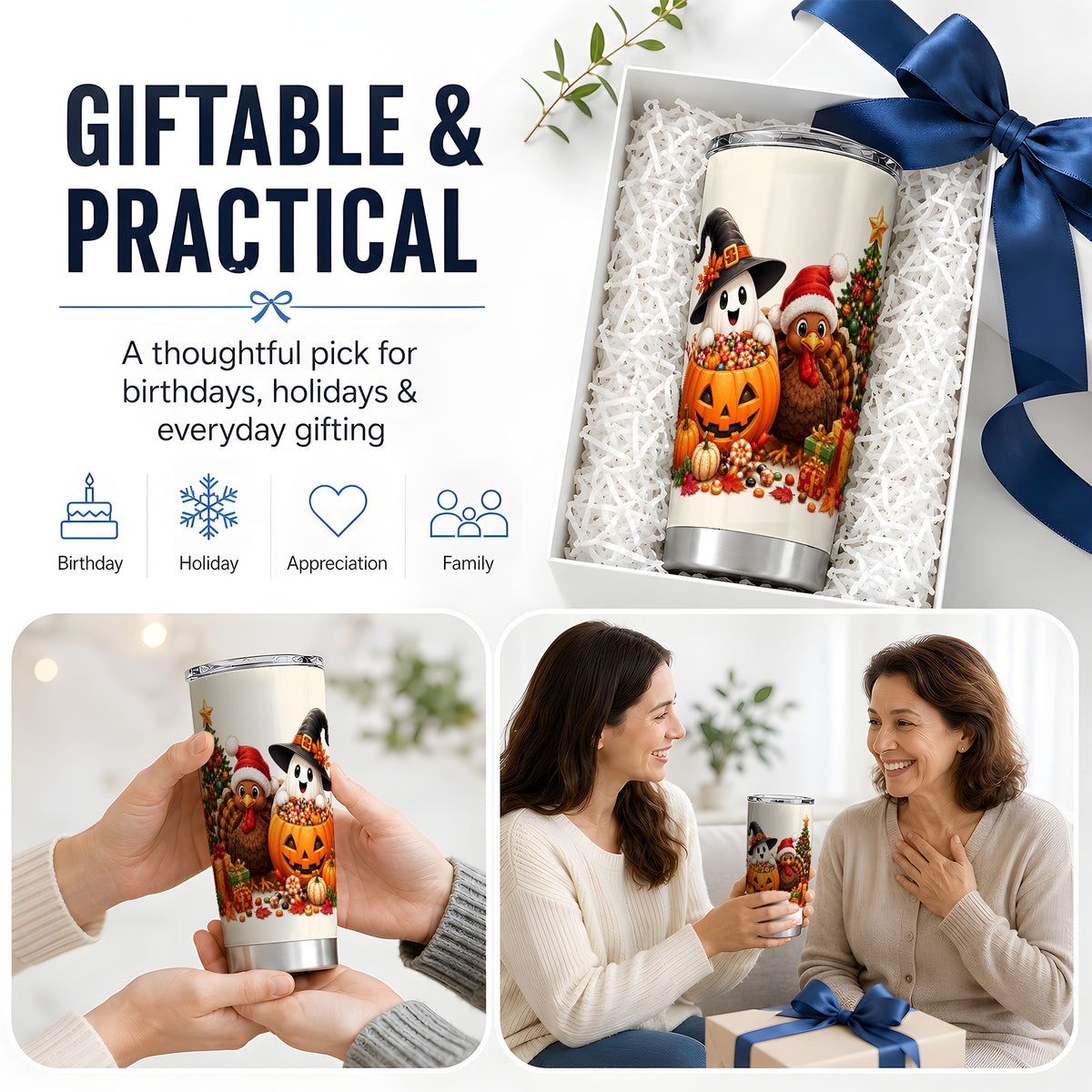 #pl[20oz|Steel] Holiday Ghost Turkey 20oz Tumbler, Halloween Christmas Seasonal Artwork