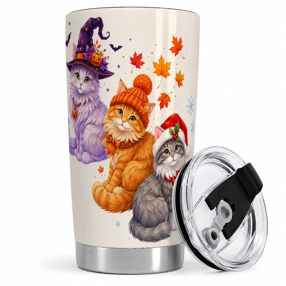 Seasonal Cats 20oz Tumbler, Witch Autumn Christmas Seasonal Artwork