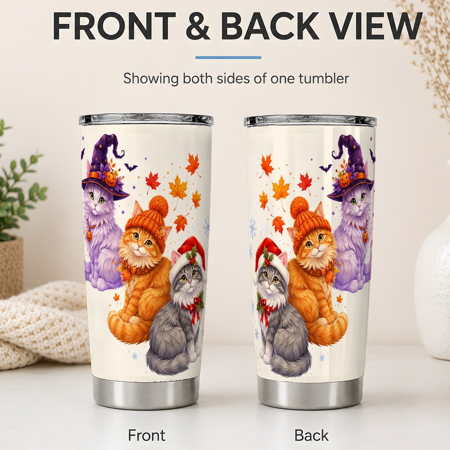 #pl[20oz|Steel] Seasonal Cats 20oz Tumbler, Witch Autumn Christmas Seasonal Artwork