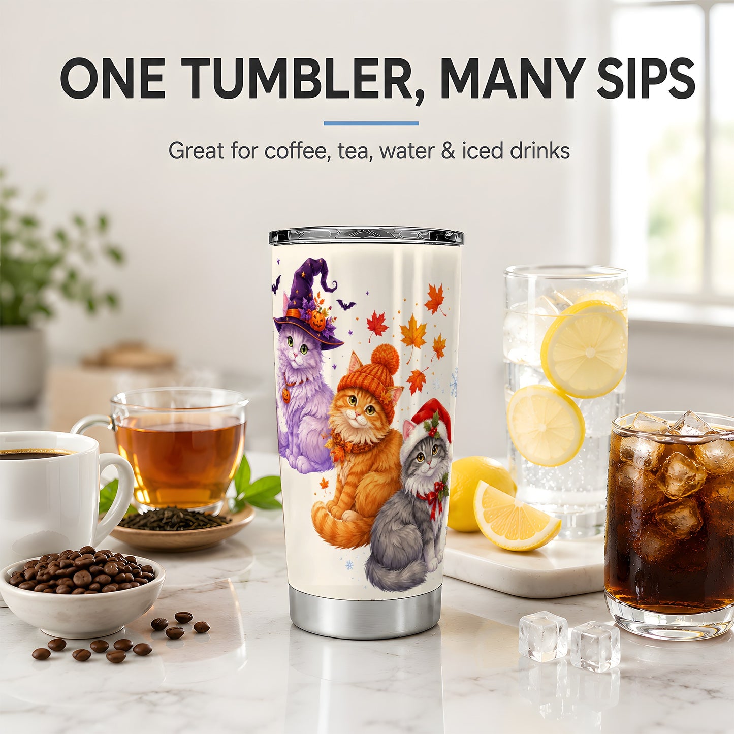 #pl[20oz|Steel] Seasonal Cats 20oz Tumbler, Witch Autumn Christmas Seasonal Artwork