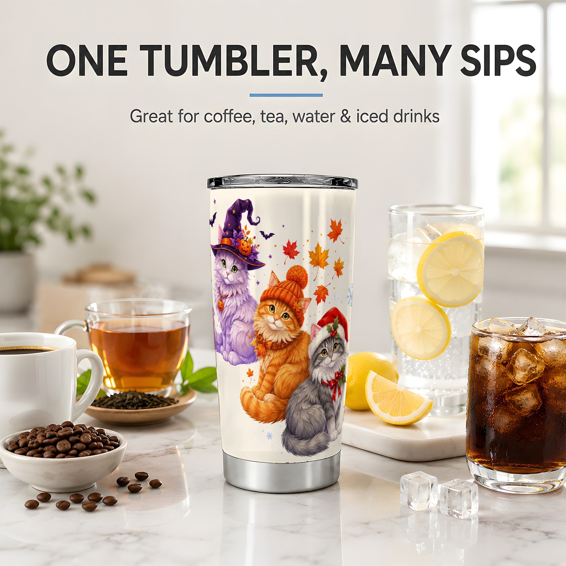 #pl[20oz|Steel] Seasonal Cats 20oz Tumbler, Witch Autumn Christmas Seasonal Artwork