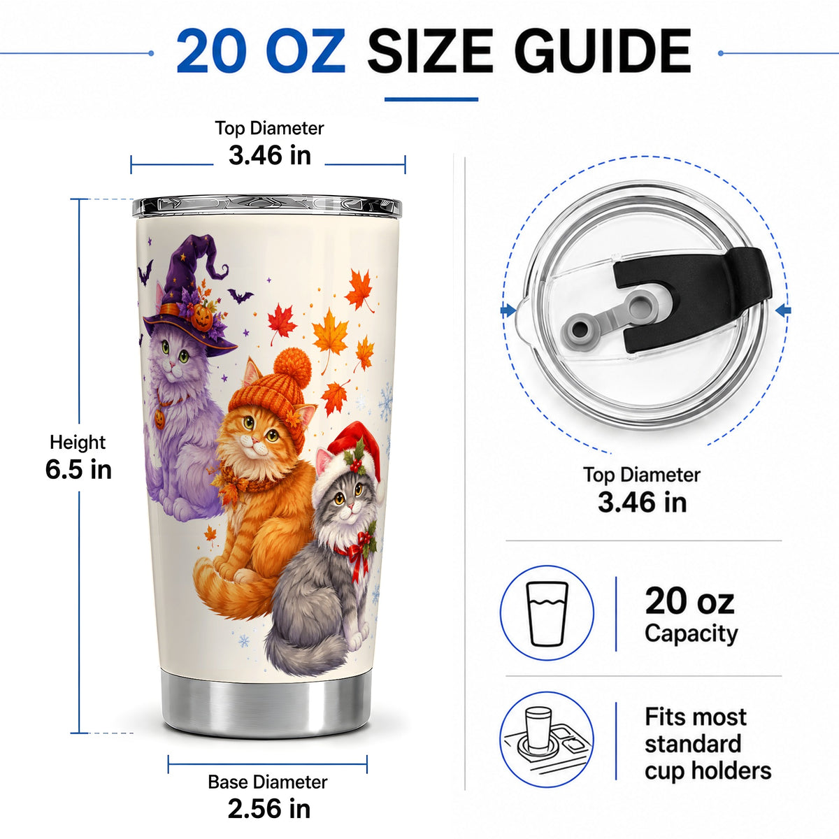 #pl[20oz|Steel] Seasonal Cats 20oz Tumbler, Witch Autumn Christmas Seasonal Artwork