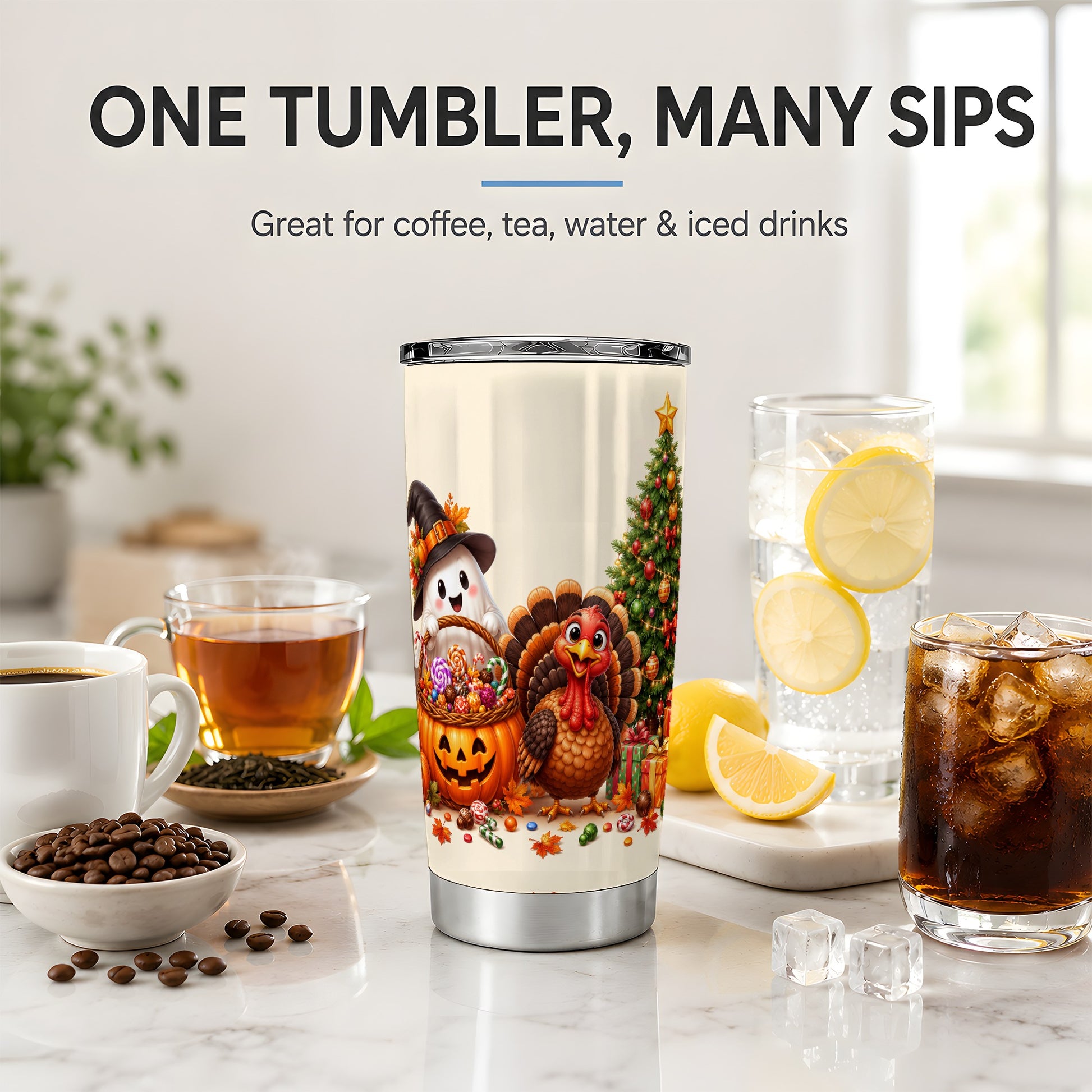 #pl[20oz|Steel] Ghost Turkey Holiday 20oz Tumbler, Pumpkin Christmas Seasonal Artwork