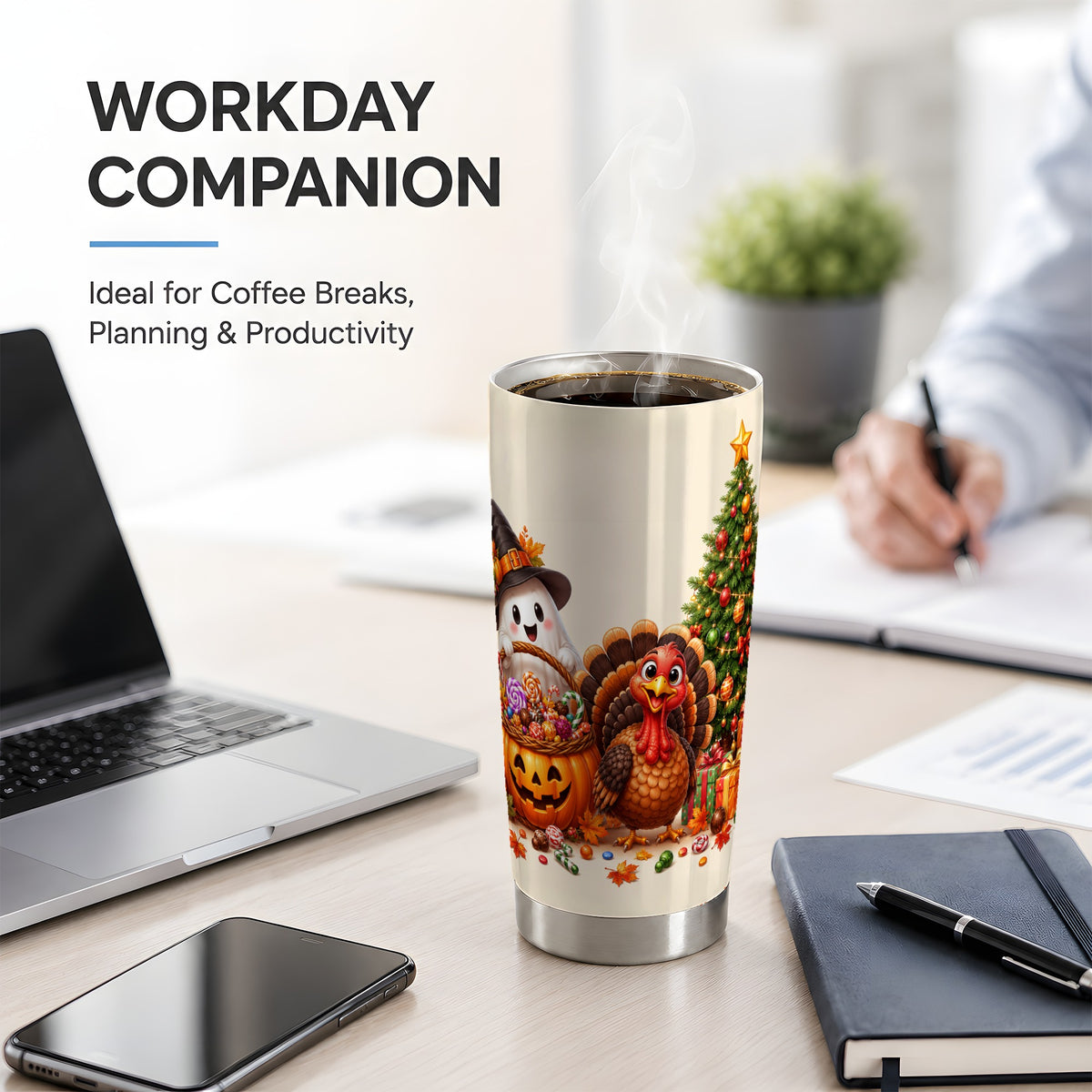 #pl[20oz|Steel] Ghost Turkey Holiday 20oz Tumbler, Pumpkin Christmas Seasonal Artwork