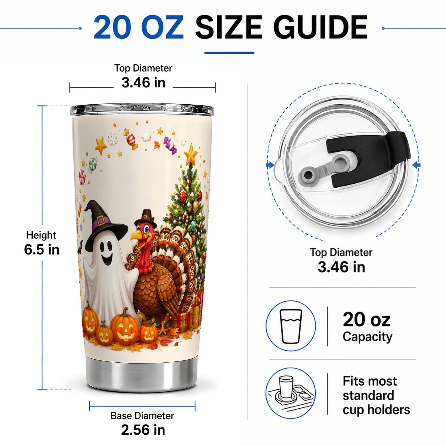 #pl[20oz|Steel] Festive Ghost Turkey 20oz Tumbler, Holiday Pumpkin Christmas Artwork