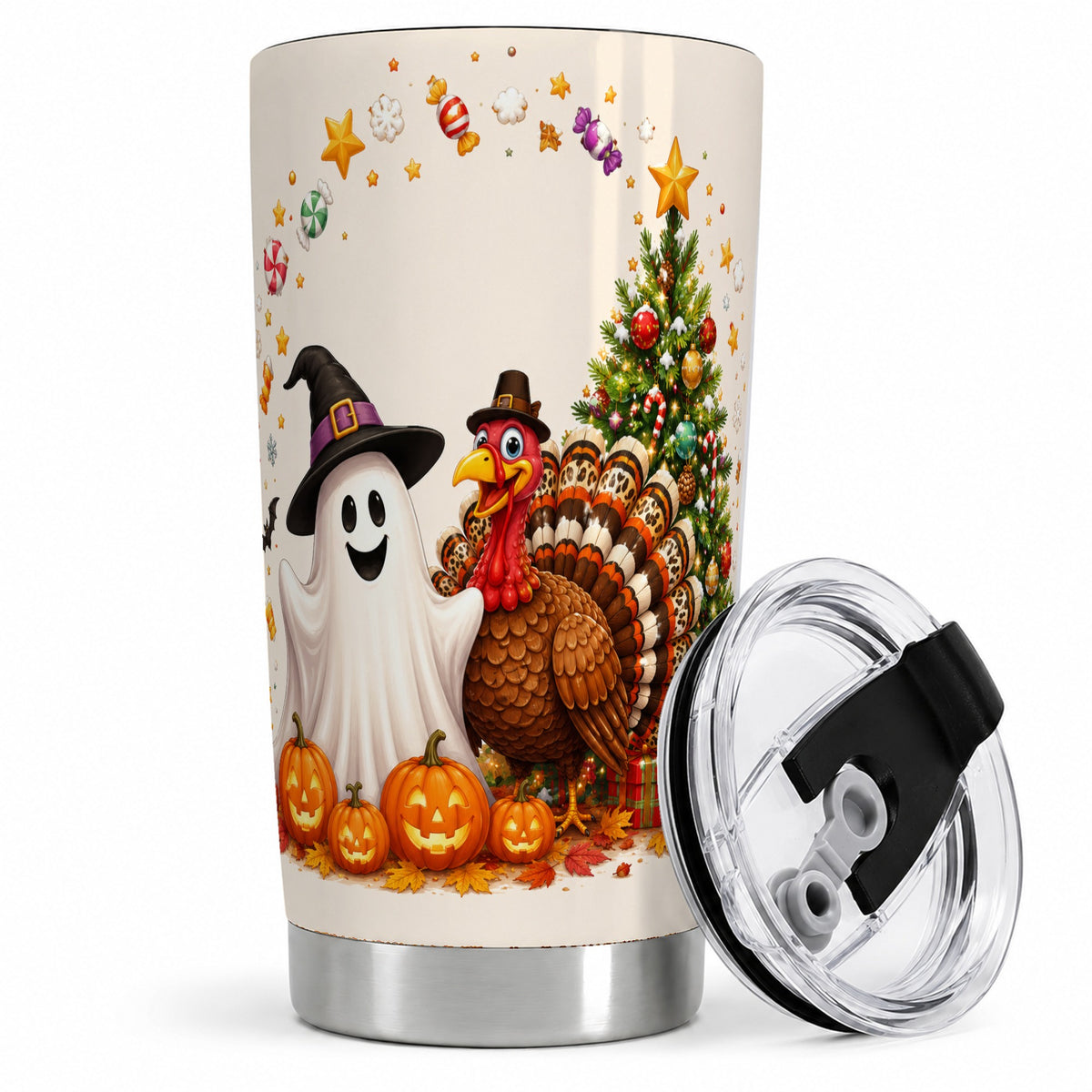 Festive Ghost Turkey 20oz Tumbler, Holiday Pumpkin Christmas Artwork