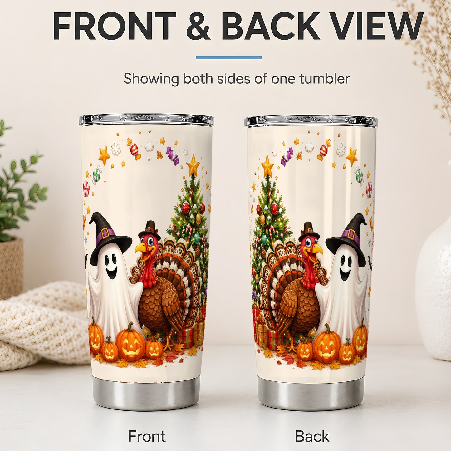 #pl[20oz|Steel] Festive Ghost Turkey 20oz Tumbler, Holiday Pumpkin Christmas Artwork