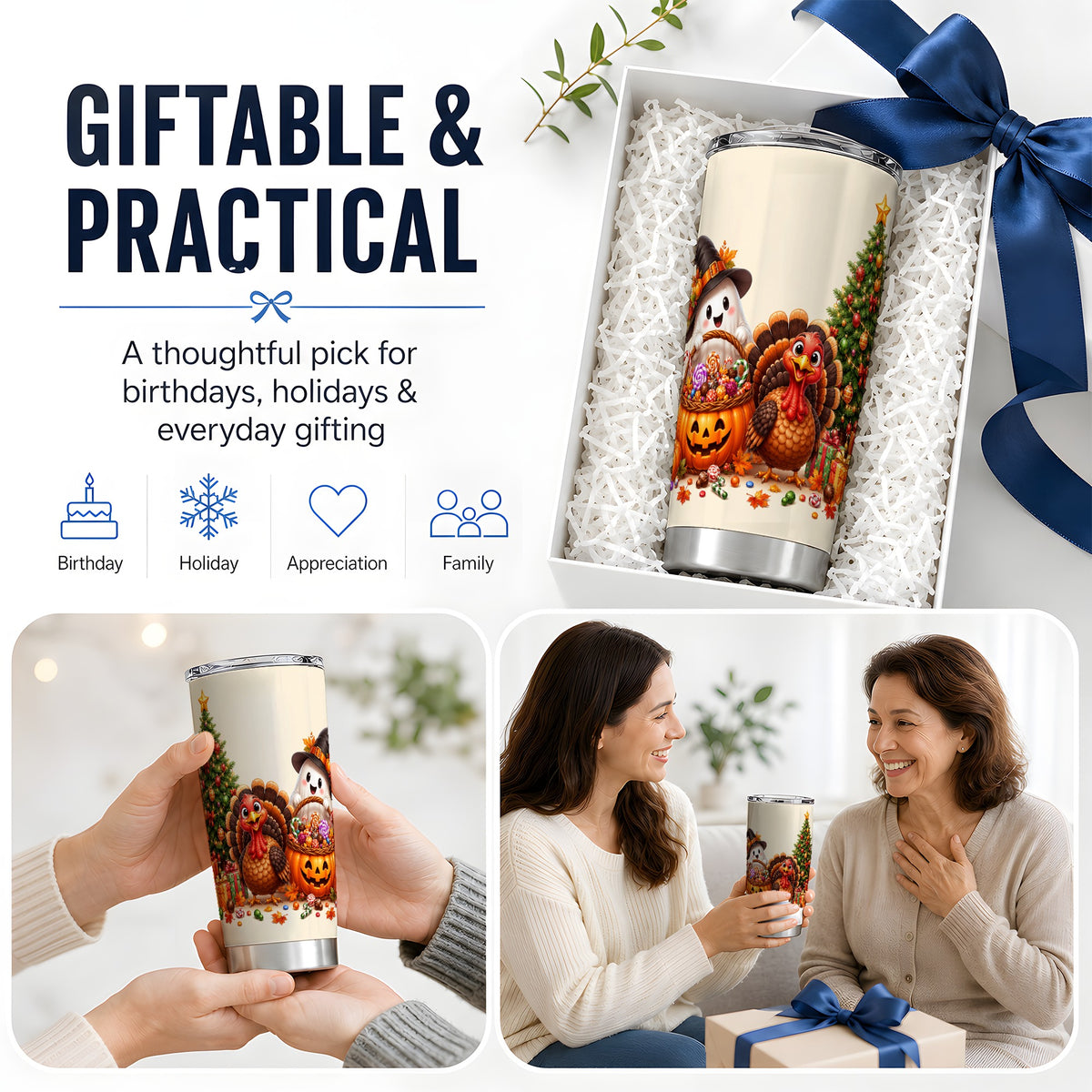 #pl[20oz|Steel] Ghost Turkey Holiday 20oz Tumbler, Pumpkin Christmas Seasonal Artwork