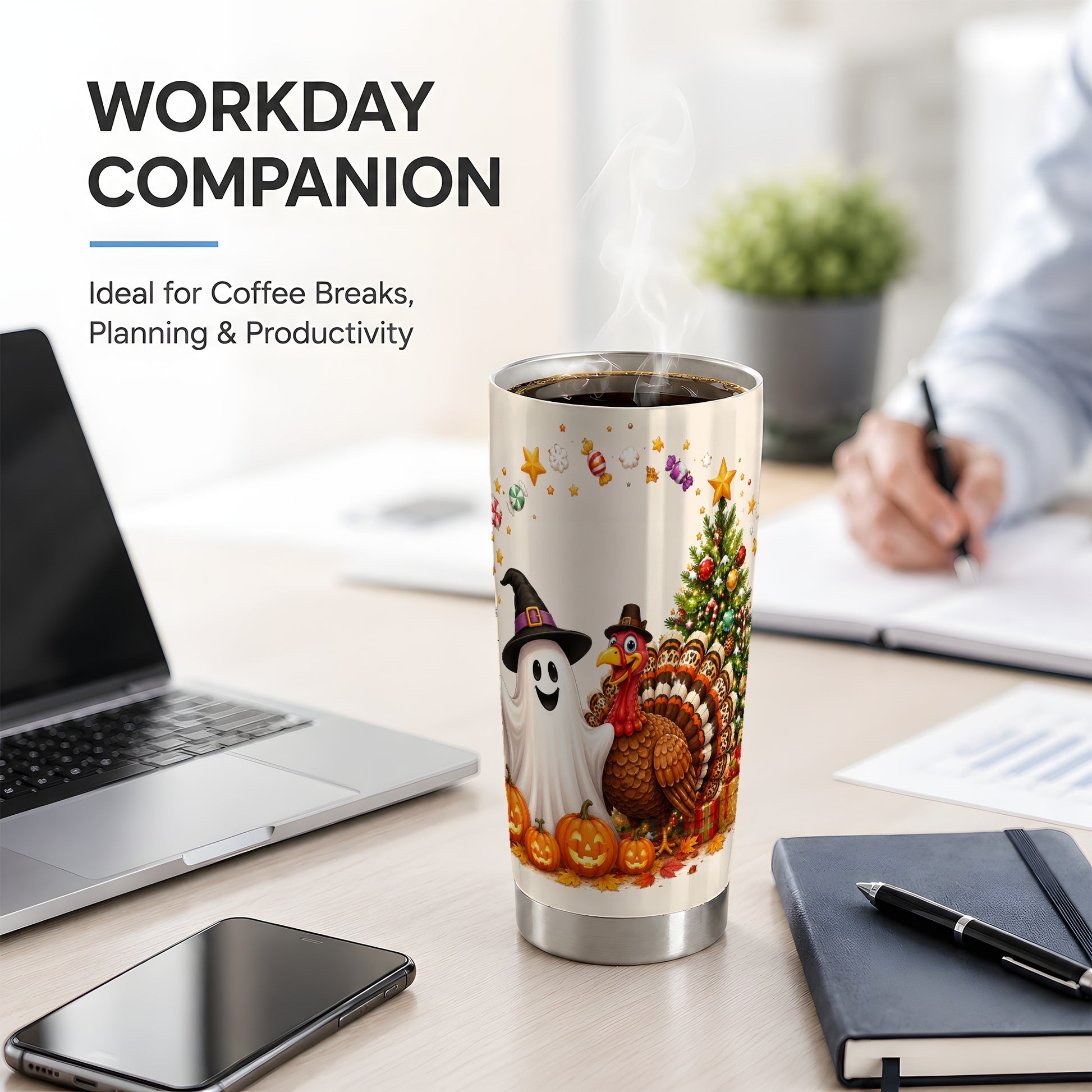 #pl[20oz|Steel] Festive Ghost Turkey 20oz Tumbler, Holiday Pumpkin Christmas Artwork
